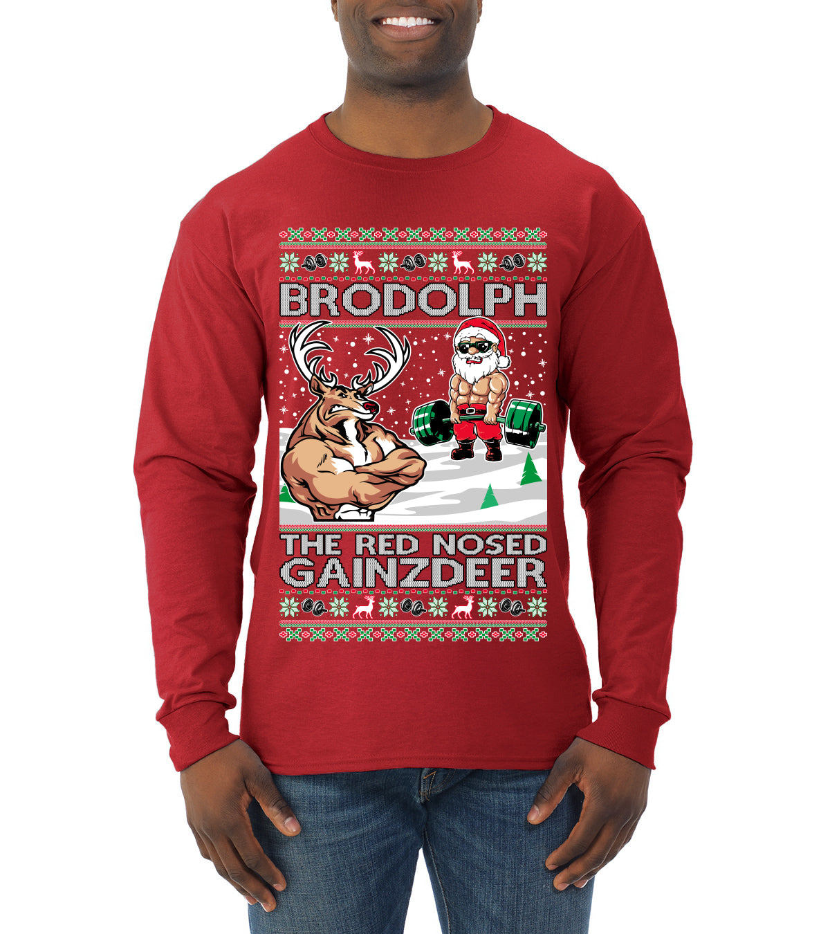 Brodolph Santa Working Out Gym the Red Nosed Gainzdeer Ugly Christmas Sweater Mens Long Sleeve Shirt
