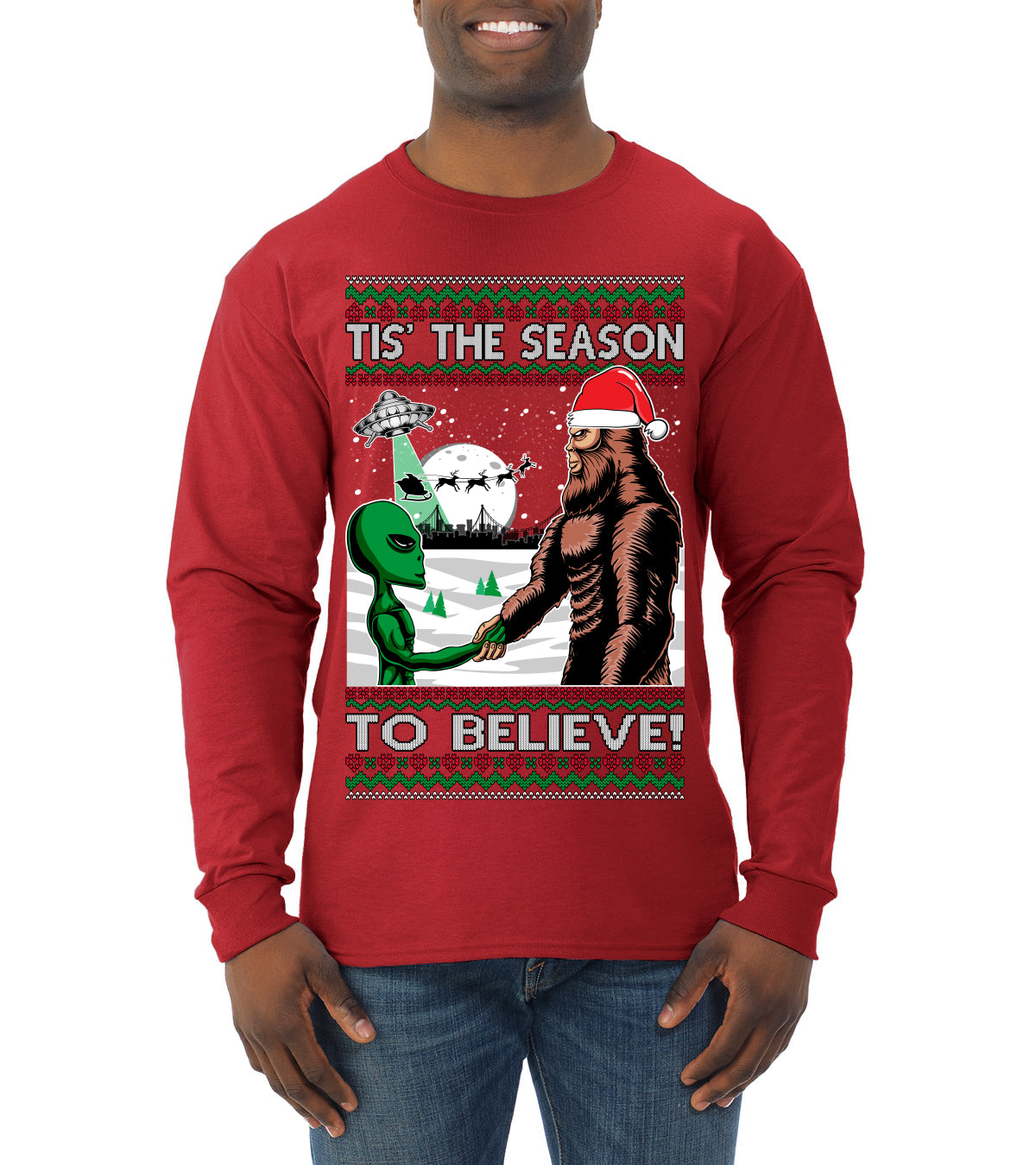 Bigfoot Tis' The Season to Believe in Conspiracies Aliens Ufo Ugly Christmas Sweater Mens Long Sleeve Shirt