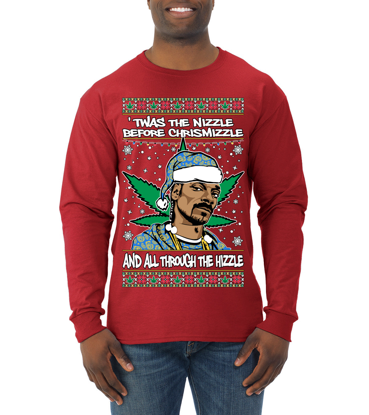 Snoop 'Twas The Nizzle Pot Leaf Weed Funny Ugly Christmas Sweater Mens Long Sleeve Shirt