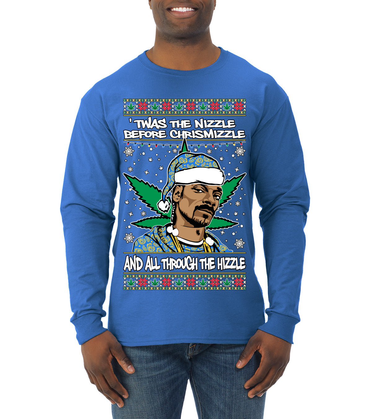 Snoop 'Twas The Nizzle Pot Leaf Weed Funny Ugly Christmas Sweater Mens Long Sleeve Shirt