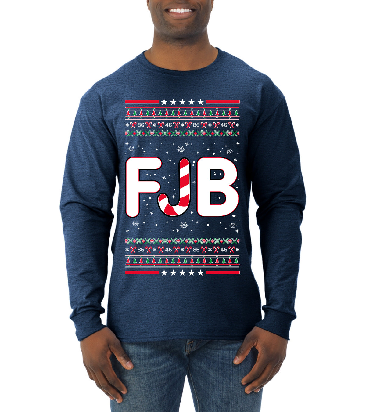 FJB Let's Go Brandon Chant Candy Cane Ugly Christmas Sweater Mens Long Sleeve Shirt