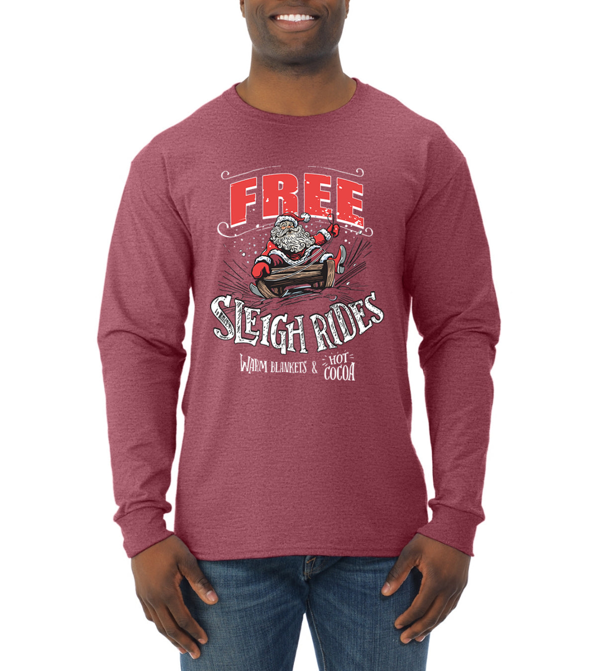 Free Sleigh Rides Warm Blankets & Hot Cocoa Christmas Mens Long Sleeve Shirt