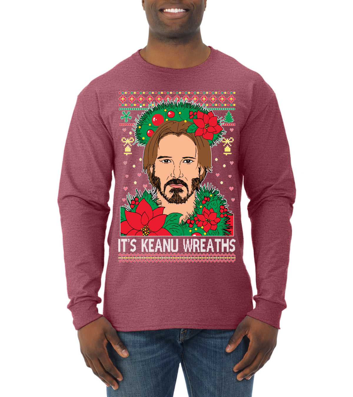 It's Keanu Wreaths Ugly Christmas Sweater Mens Long Sleeve Shirt