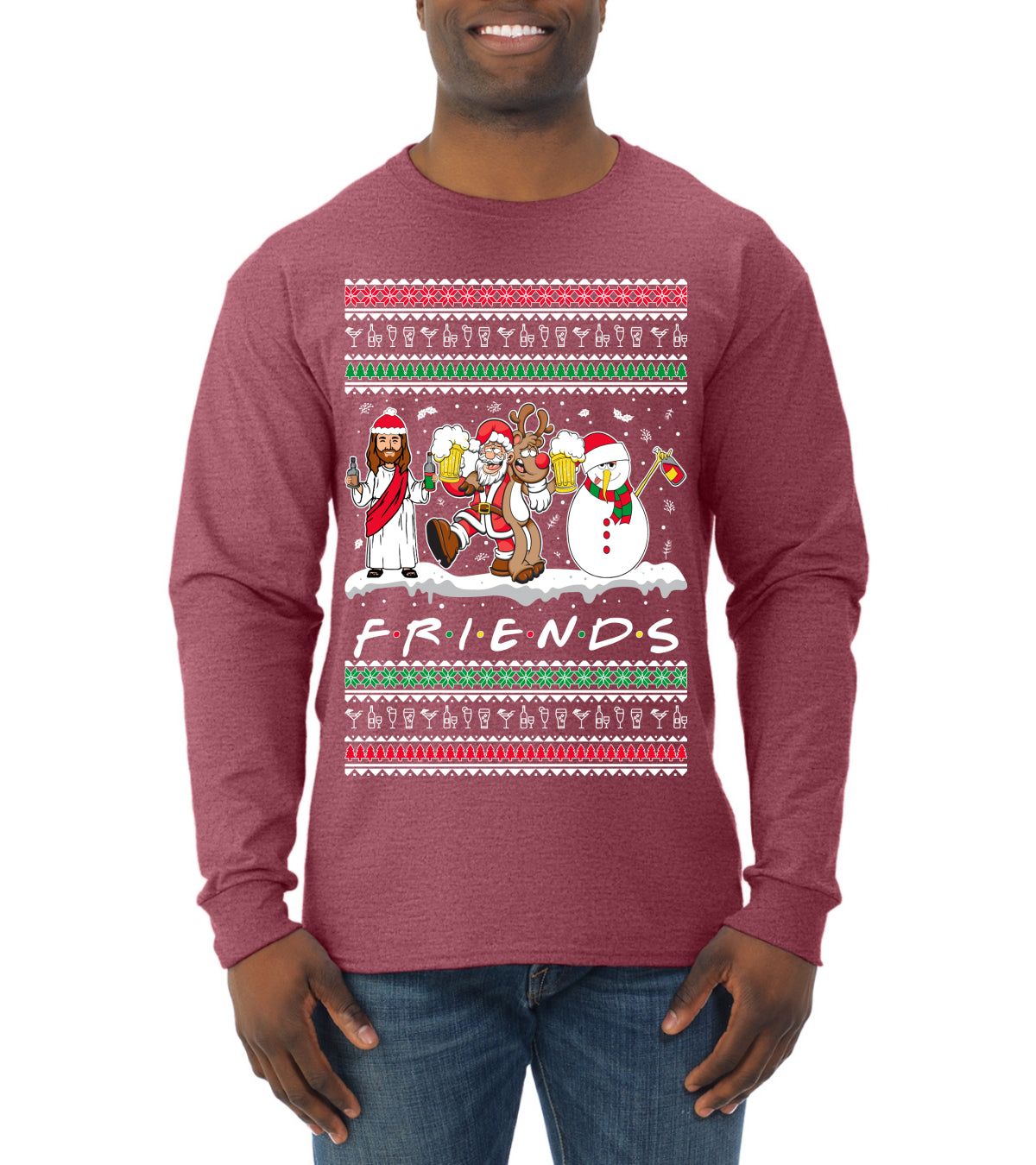 Santa Friends TV Parody Funny Characters Ugly Christmas Sweater Mens Long Sleeve Shirt