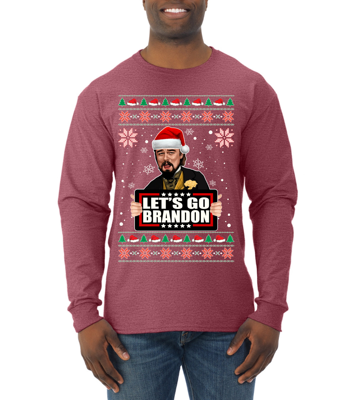 Let's Go Brandon Leo Laughing Meme Ugly Christmas Sweater Mens Long Sleeve Shirt