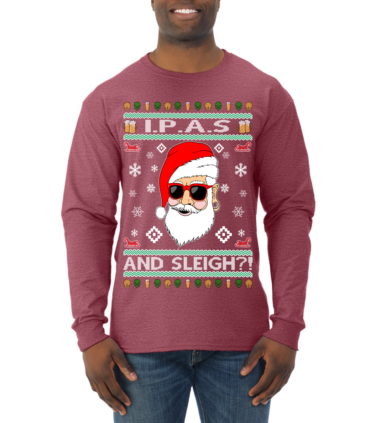 Original Hipster IPAs and Sleigh?! Ugly Christmas Sweater Mens Long Sleeve Shirt