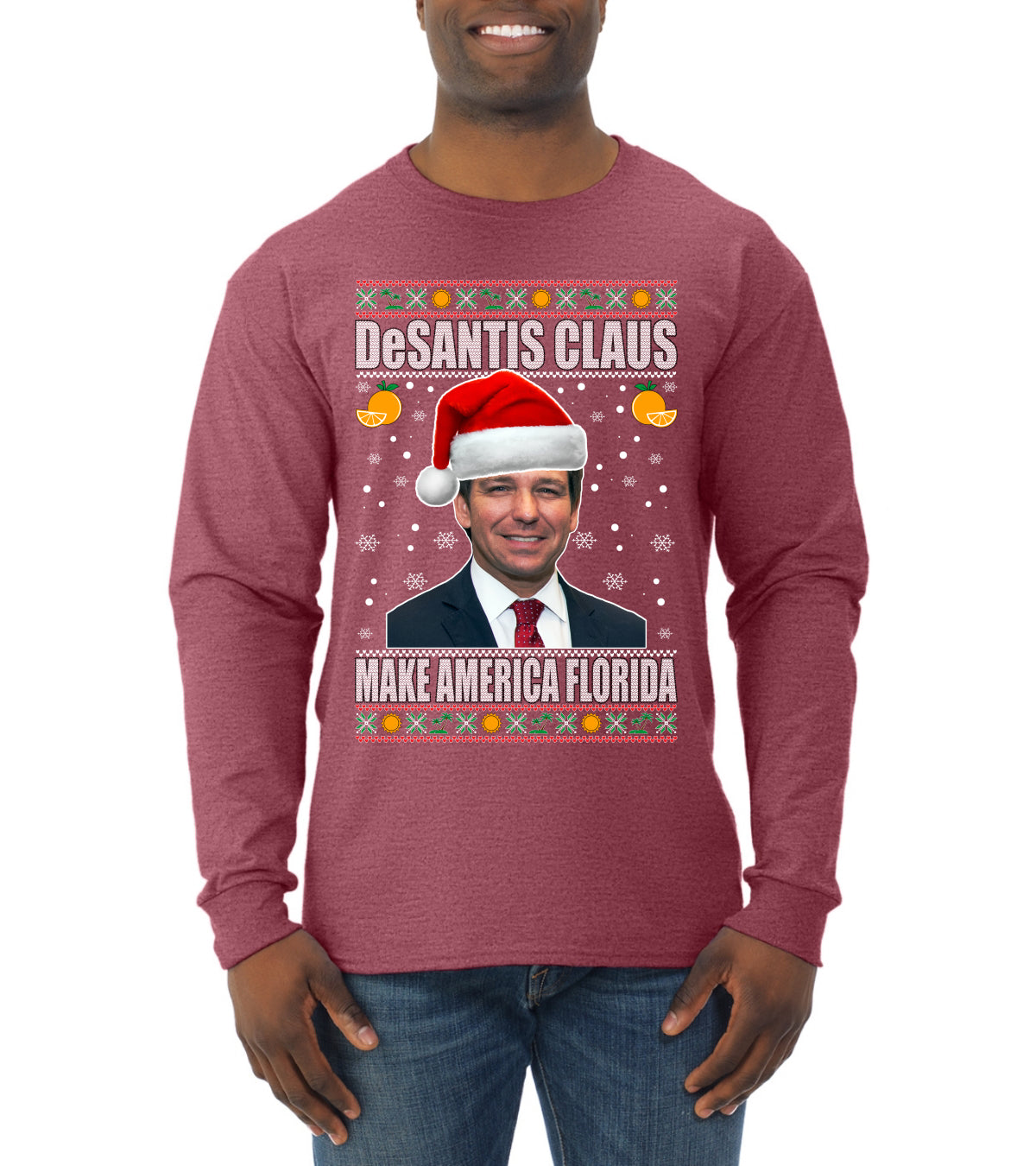 DeSantis Claus Ugly Christmas Sweater Mens Long Sleeve Shirt