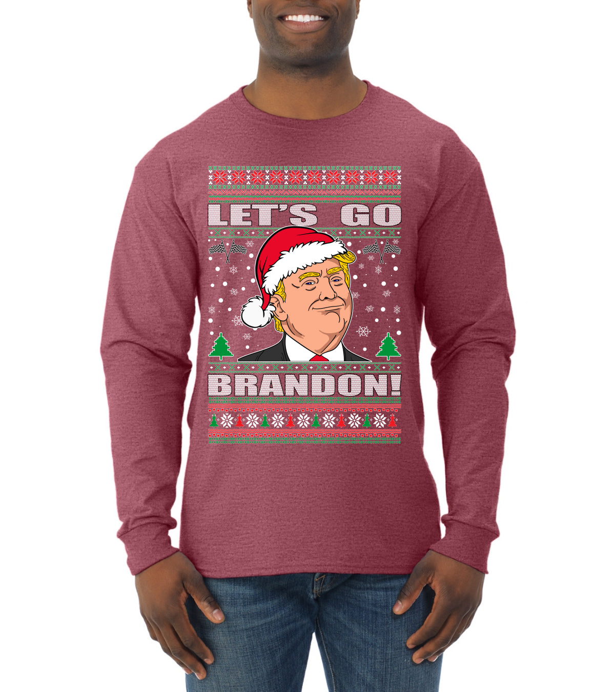Let's Go Brandon Funny Santa Hat Ugly Christmas Sweater Mens Long Sleeve Shirt