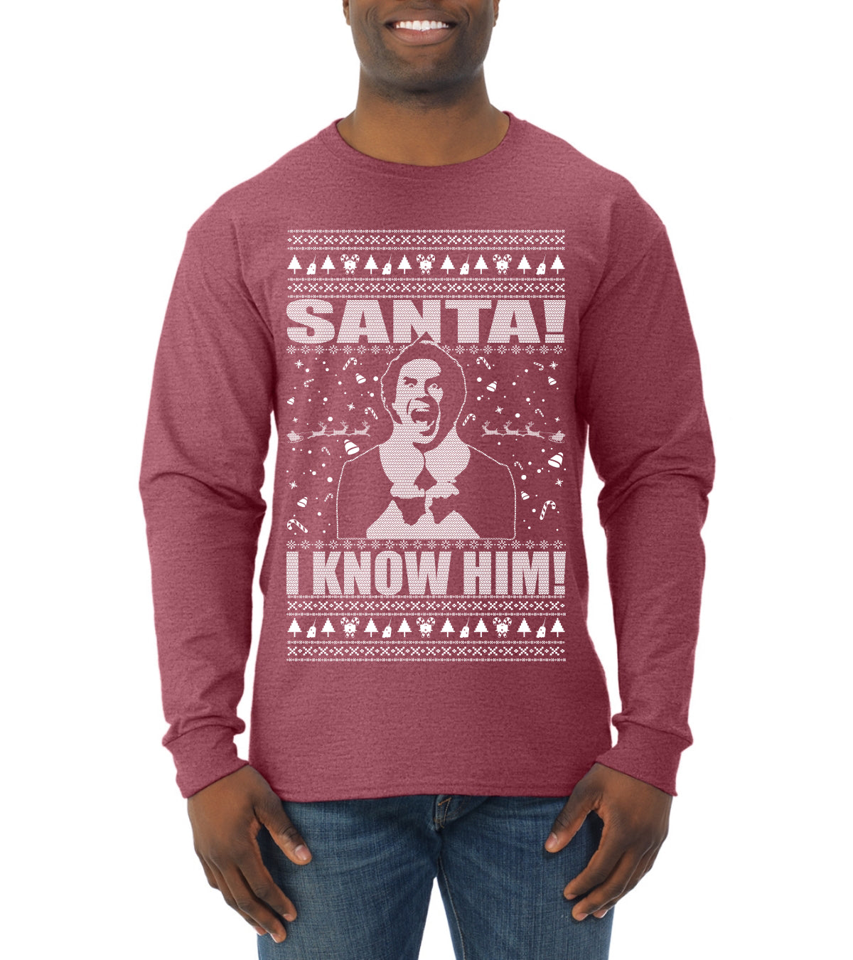 Buddy The Elf Santa! I Know Him Ugly Christmas Sweater Mens Long Sleeve Shirt