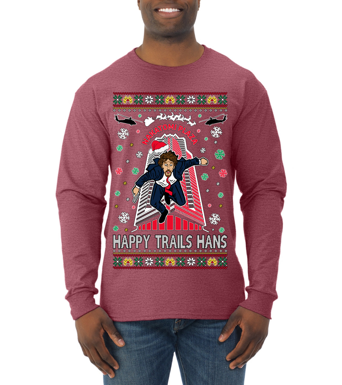 Nakatomi Plaza Happy Trails Hanz Ugly Christmas Sweater Mens Long Sleeve Shirt