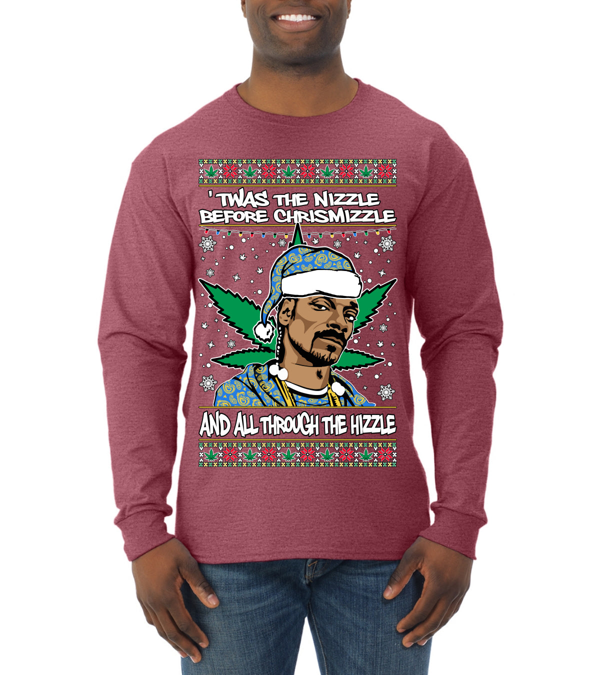 Snoop 'Twas The Nizzle Pot Leaf Weed Funny Ugly Christmas Sweater Mens Long Sleeve Shirt