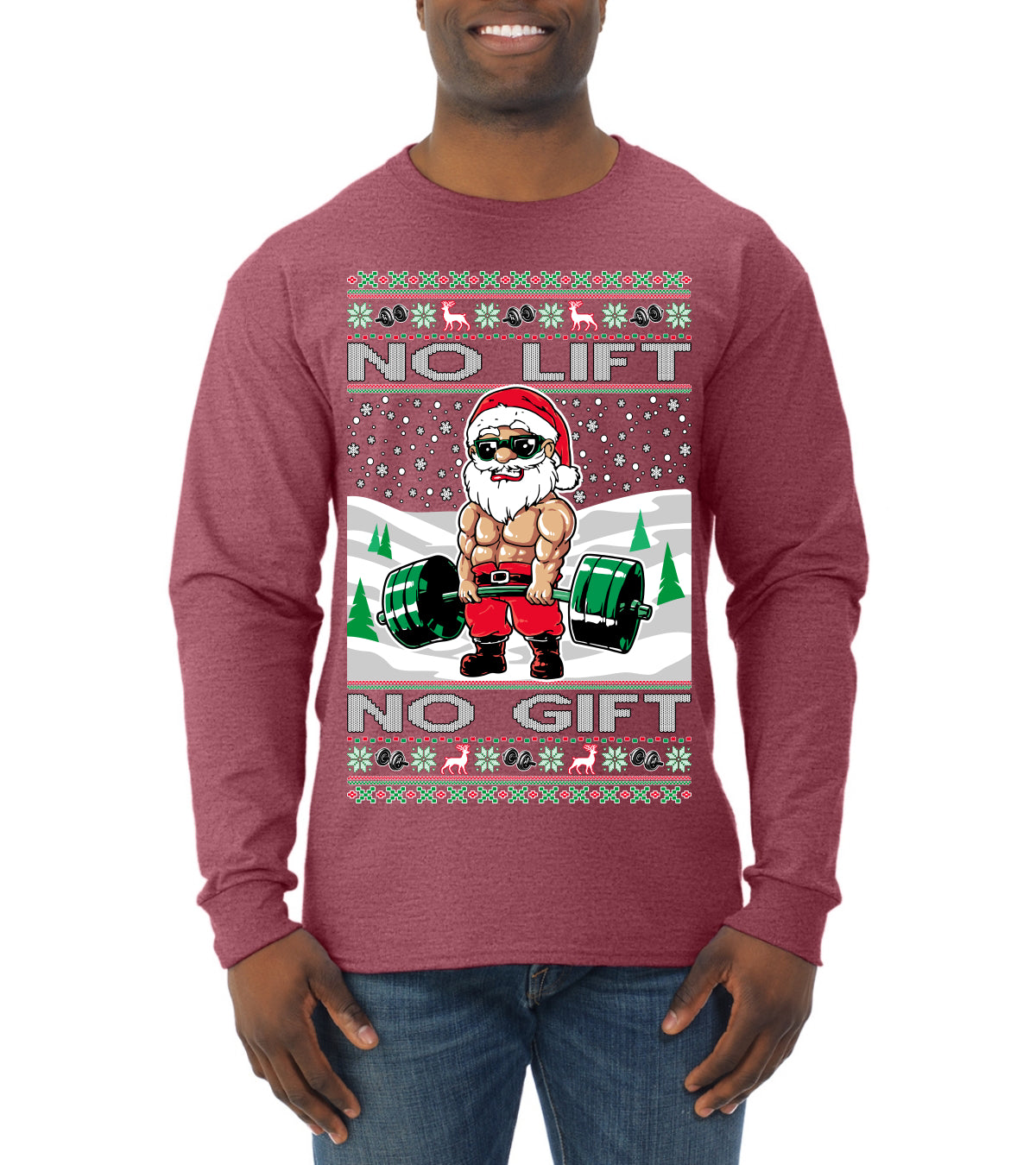 No Lift No Gift Fitness Workout Santa Ugly Christmas Sweater Mens Long Sleeve Shirt