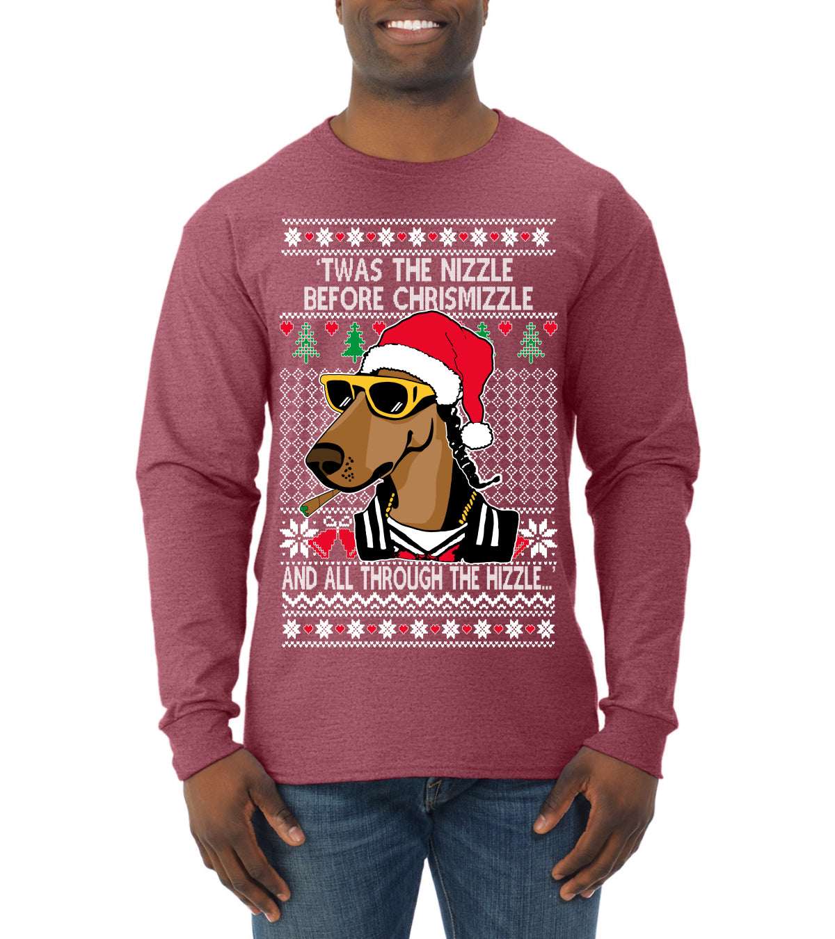 Twas The Nizzle Before Chrismizzle Gangster Dogg Rapper Ugly Christmas Sweater Mens Long Sleeve Shirt