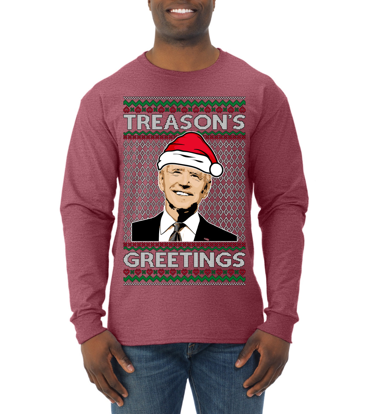 Treason's Greetings Biden President Humor Ugly Christmas Sweater Mens Long Sleeve Shirt