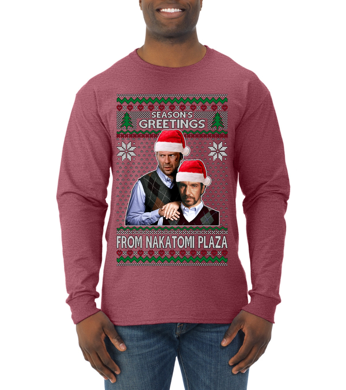 Season's Greeting From Nakatomi Plaza Ugly Christmas Sweater Mens Long Sleeve Shirt