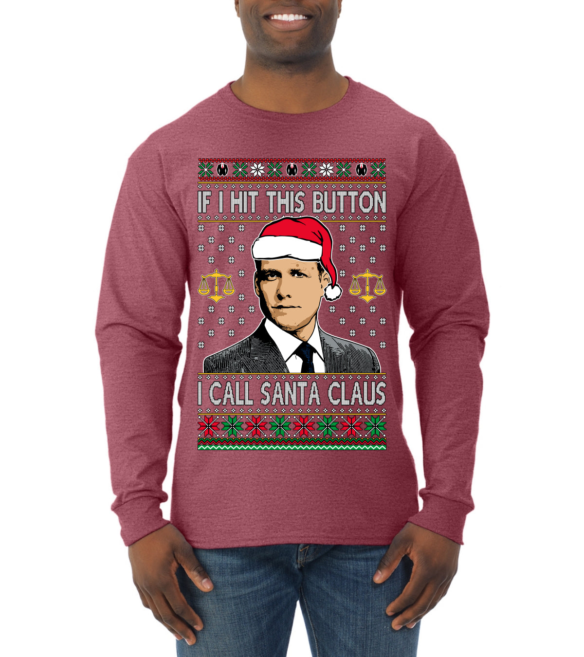 Harvey Hit This Button I Call Santa Specter TV Show Parody Ugly Christmas Sweater Mens Long Sleeve Shirt