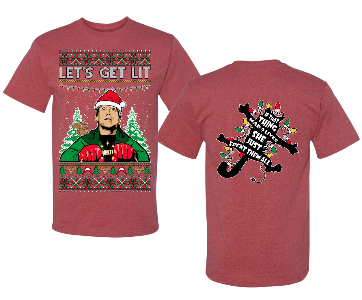 Let's Get Lit Clark Vacation Movie Parody Ugly Christmas Front and Back Sweater Men's T-Shirt