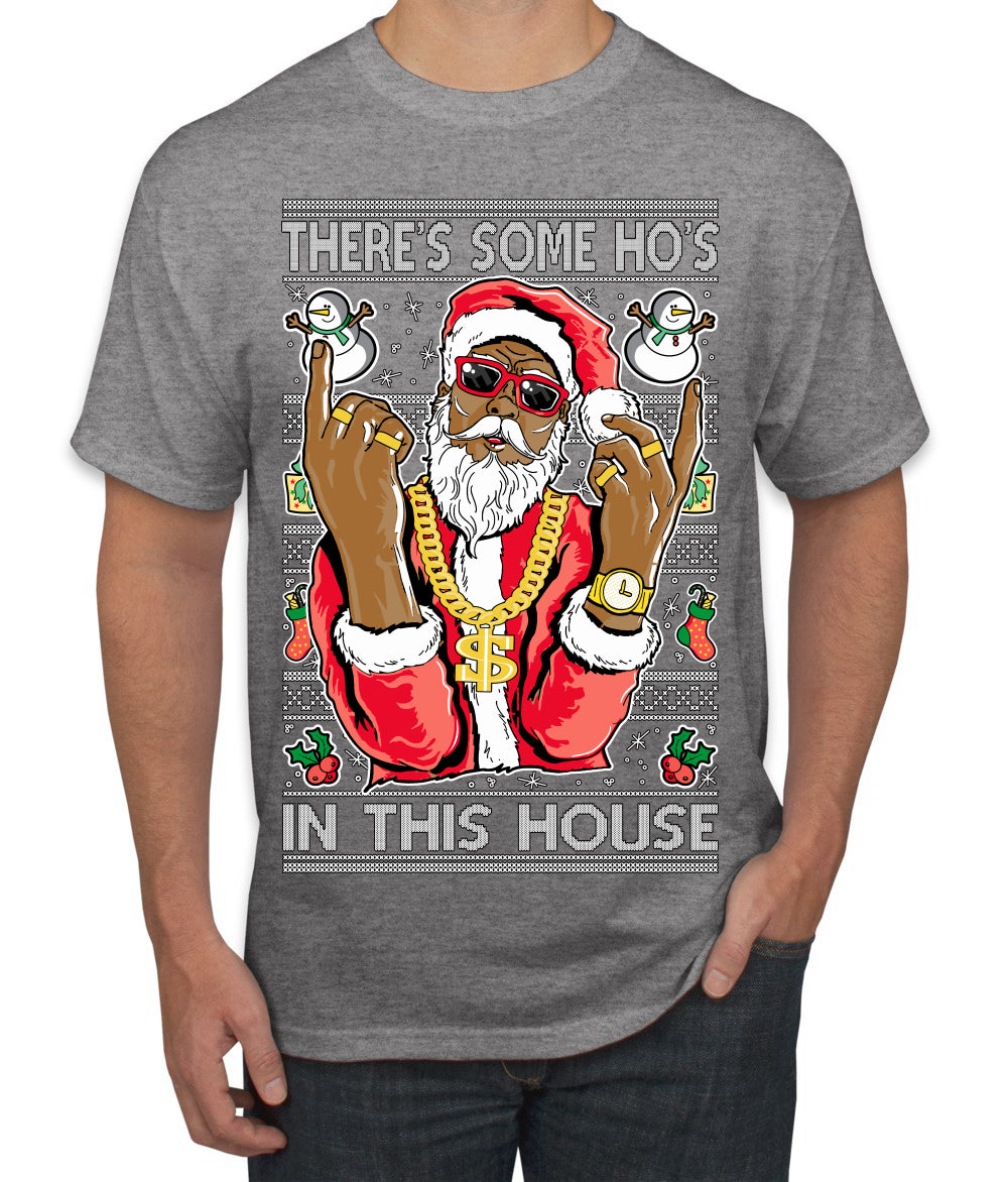 Black Santa Claus Gangster Bling Ho's In This House Ugly Christmas Sweater Men's Graphic T-Shirt