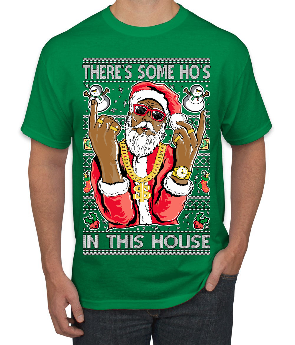 Black Santa Claus Gangster Bling Ho's In This House Ugly Christmas Sweater Men's Graphic T-Shirt