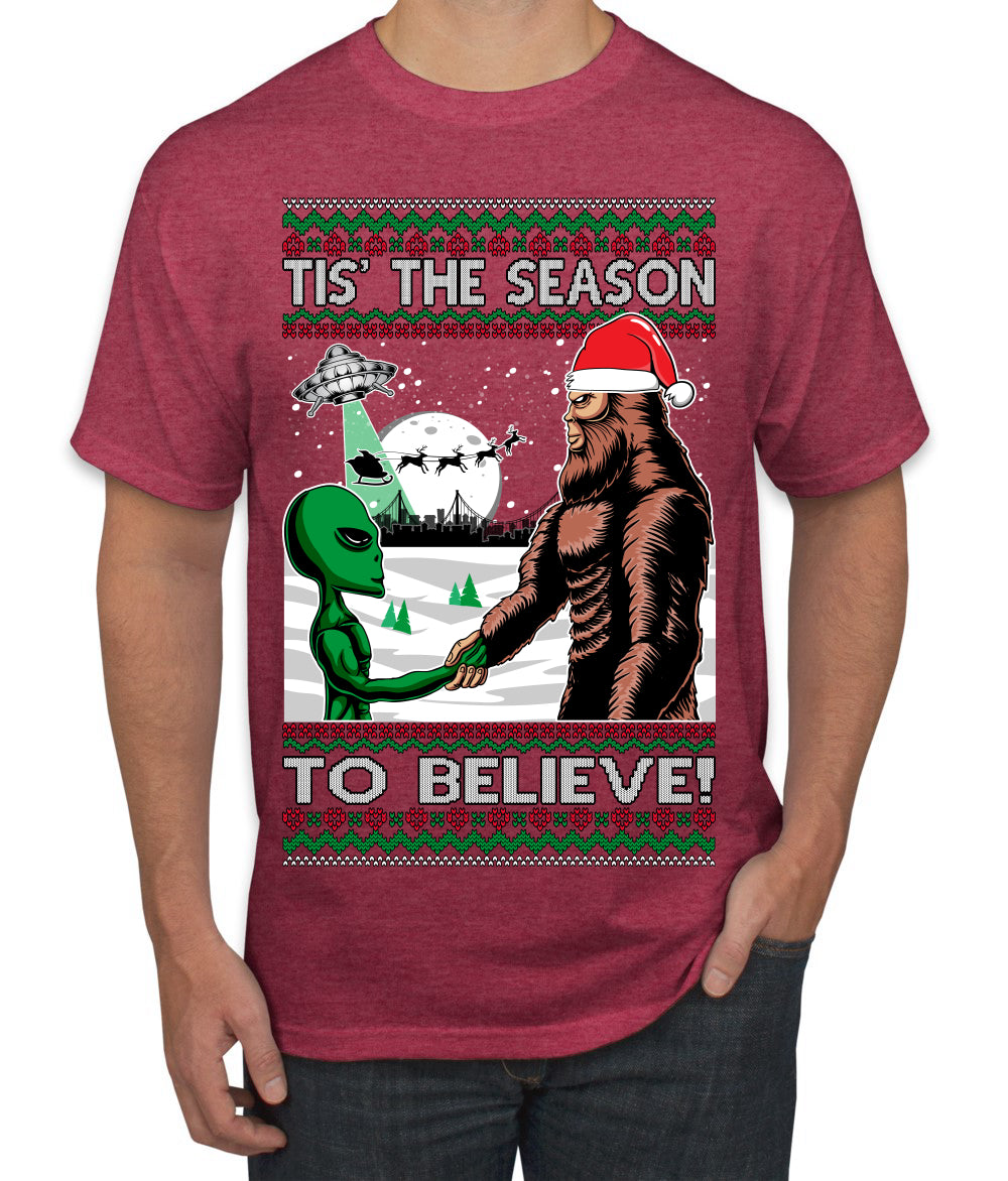 Bigfoot Tis' The Season to Believe in Conspiracies Aliens Ufo Ugly Christmas Sweater Men's Graphic T-Shirt