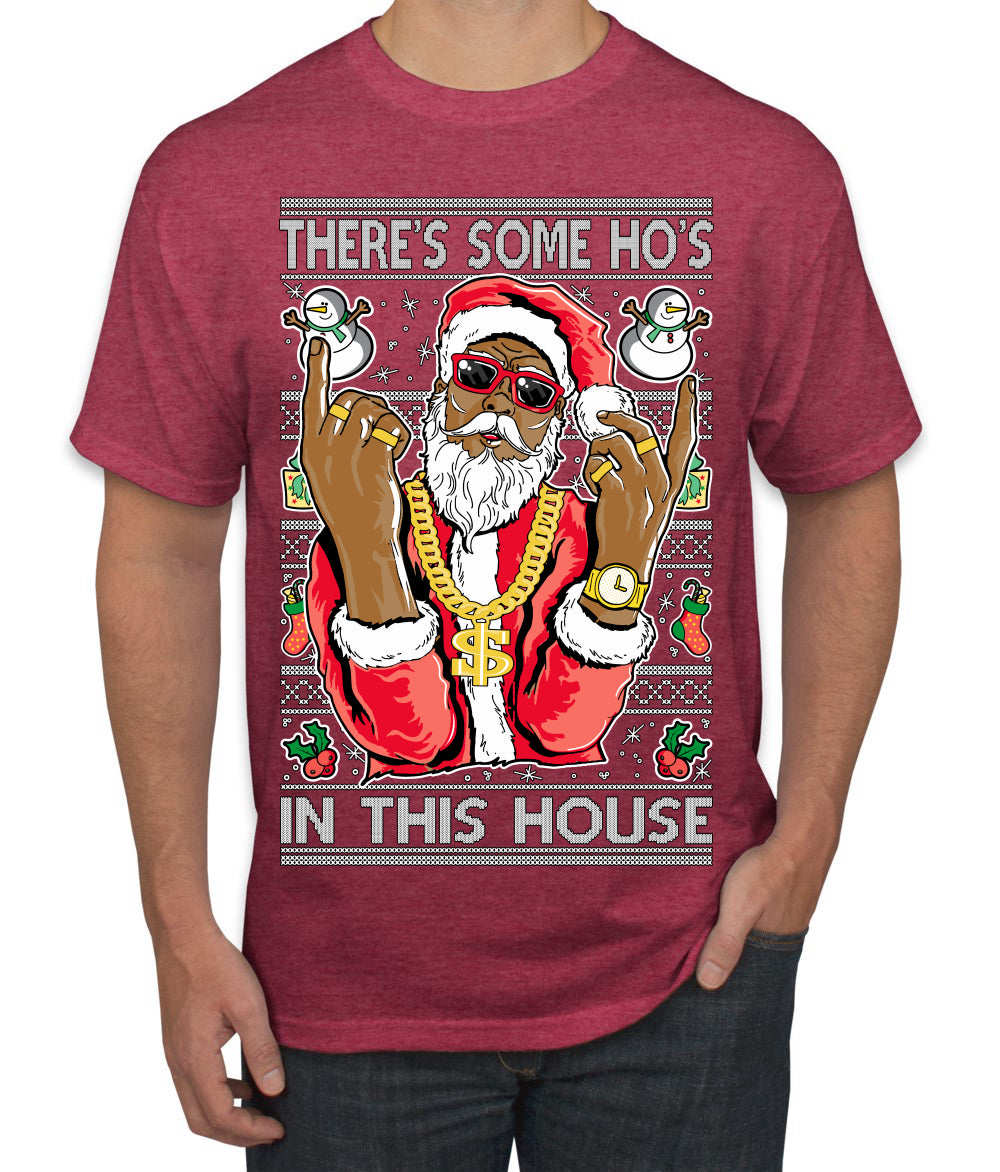 Black Santa Claus Gangster Bling Ho's In This House Ugly Christmas Sweater Men's Graphic T-Shirt