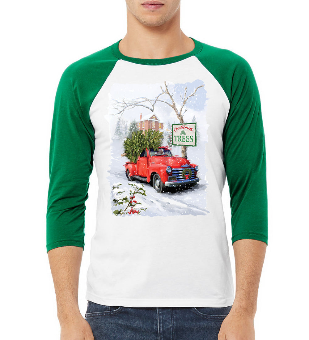 Winter Christmas Trees Festive Red Truck Christmas 3/4 Sleeve Raglan Unisex Baseball Tee