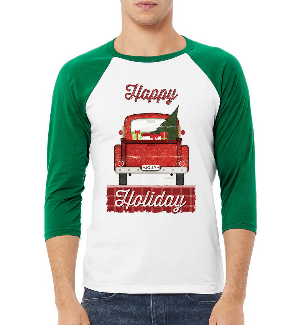 Happy Holiday Jolly Red Pick Up Christmas 3/4 Sleeve Raglan Unisex Baseball Tee
