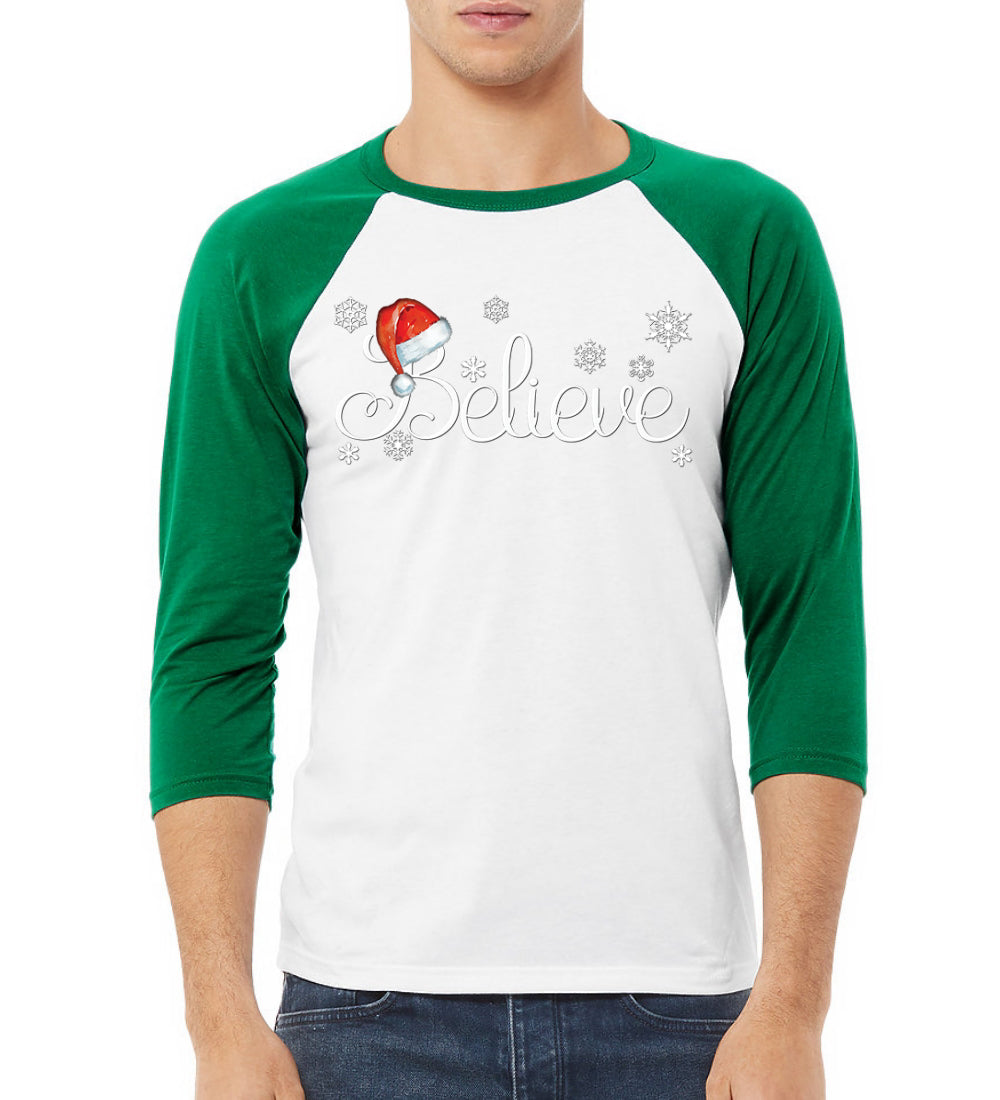 Santa Hat Snowflake Believe Christmas 3/4 Sleeve Raglan Unisex Baseball Tee