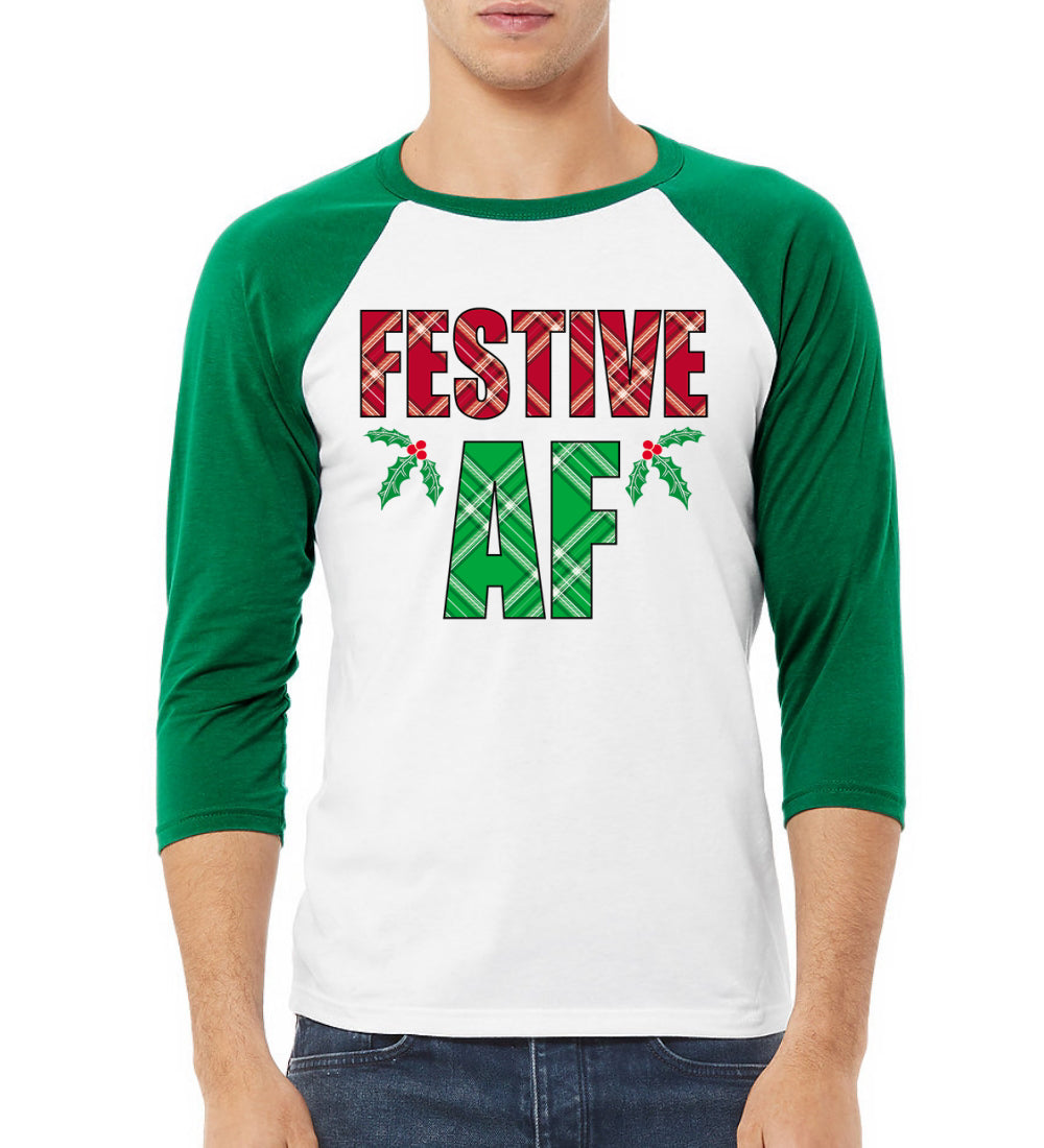 Festive AF Christmas 3/4 Sleeve Raglan Unisex Baseball Tee