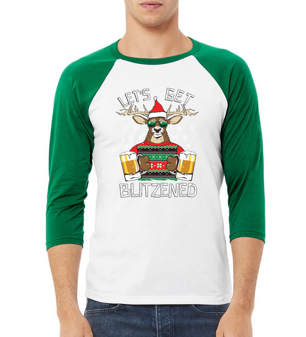 Lets Get Blitzened Deer With Beer Christmas 3/4 Sleeve Raglan Unisex Baseball Tee