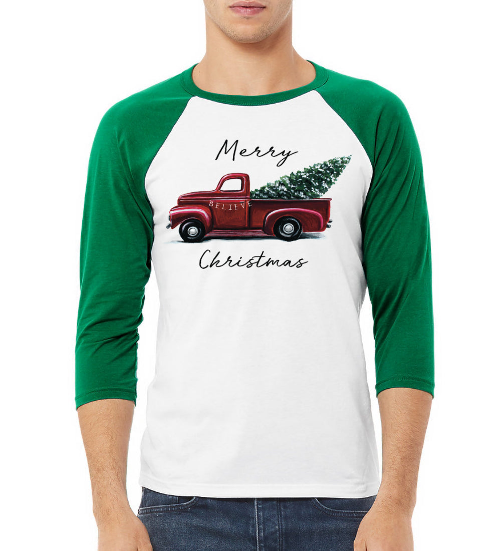 Merry Christmas Red Pick up Truck Christmas 3/4 Sleeve Raglan Unisex Baseball Tee