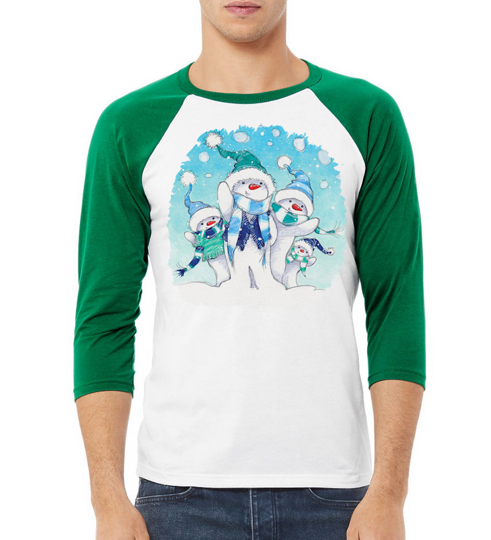 Snowman Family Xmas Christmas 3/4 Sleeve Raglan Unisex Baseball Tee