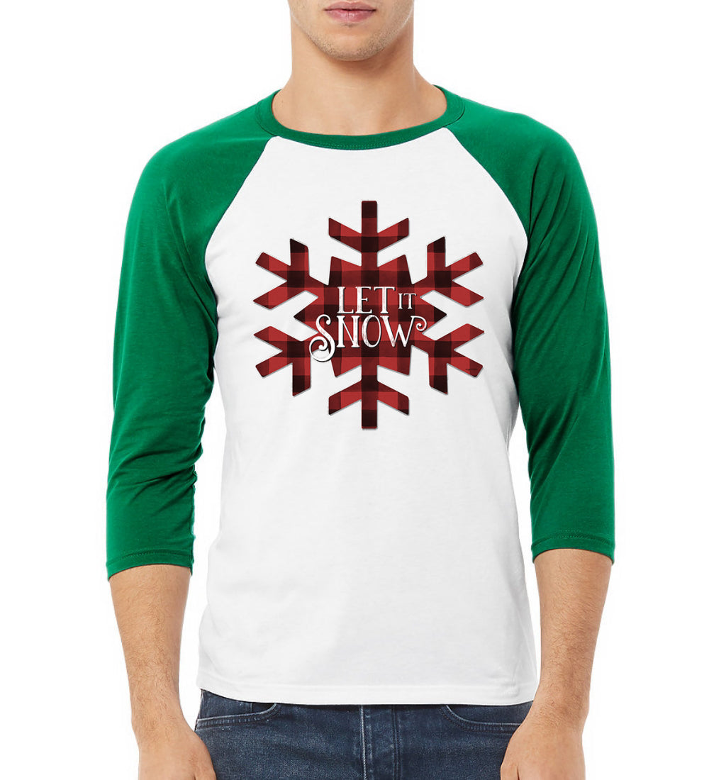 Let it Snow Snowflake Christmas 3/4 Sleeve Raglan Unisex Baseball Tee