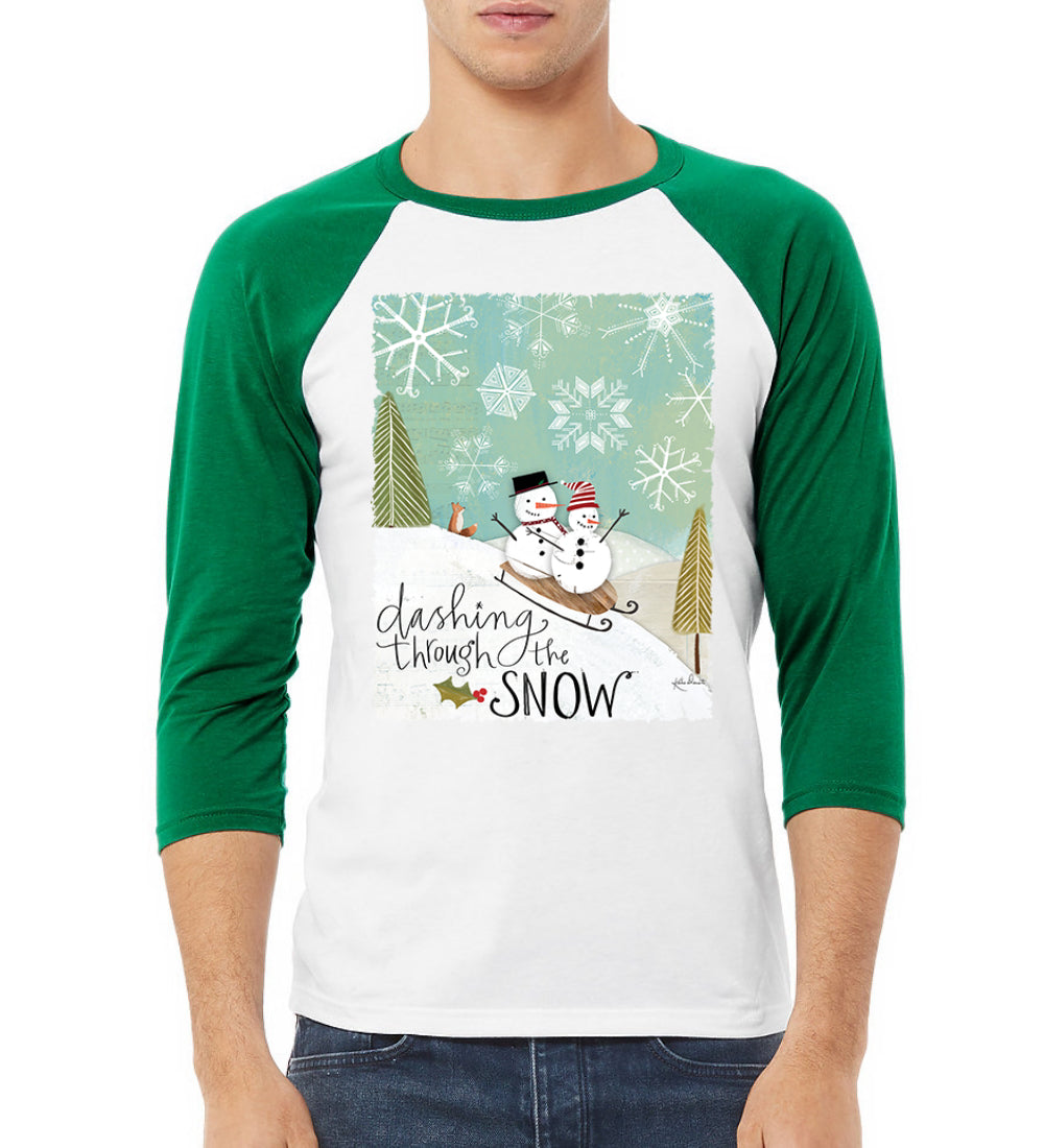 Dashing Through the Snow Snowmen Christmas 3/4 Sleeve Raglan Unisex Baseball Tee