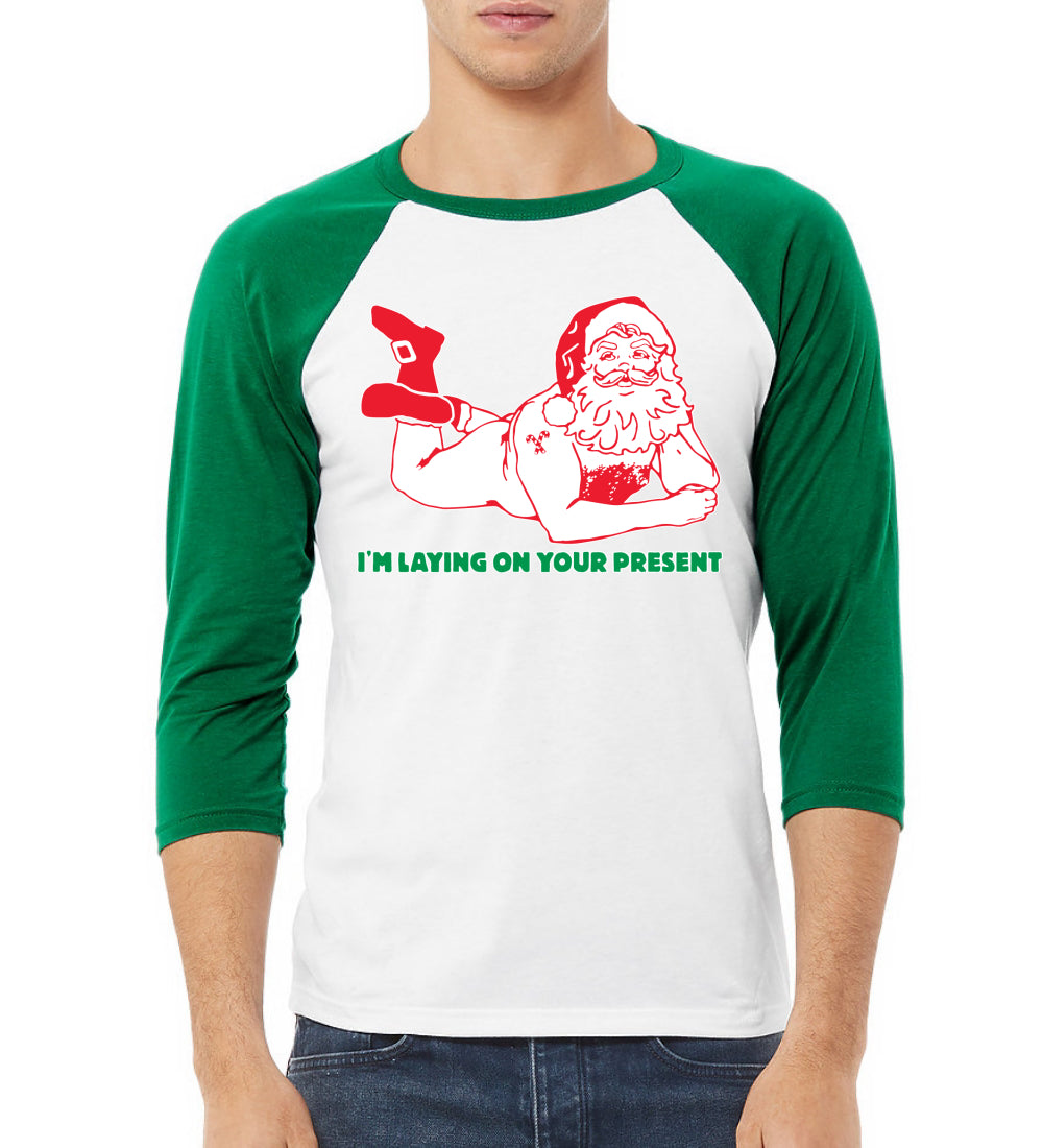 Sexy Santa Im Laying on your Present Ugly Christmas Christmas 3/4 Sleeve Raglan Unisex Baseball Tee
