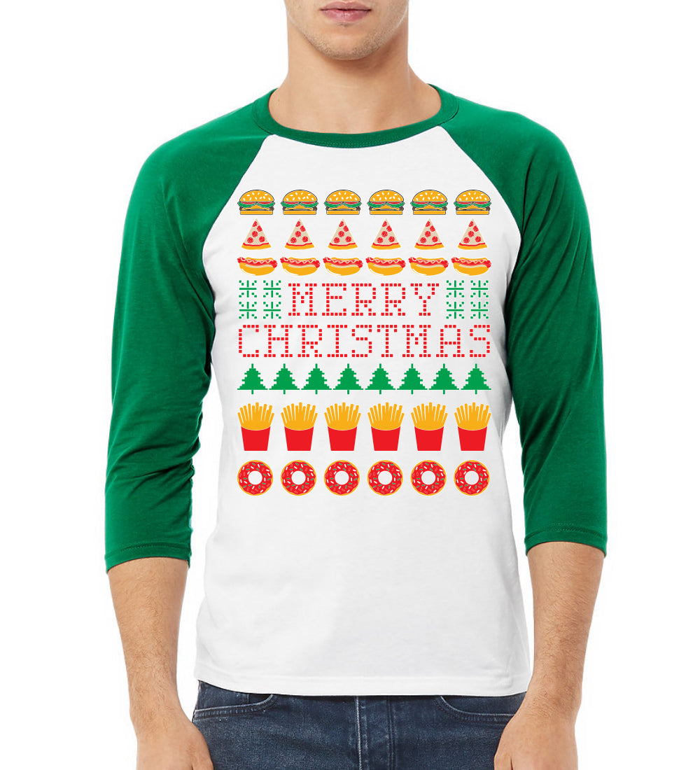 Merry Christmas Funny Junk Food Desert Foods Pizza Burger French Fries Christmas 3/4 Sleeve Raglan Unisex Baseball Tee