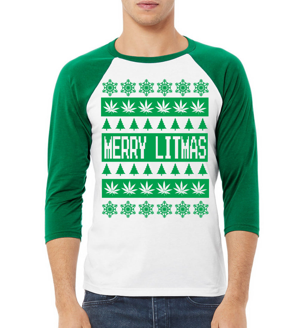 Merry Litmas Funny Weed Pot Leaf Marijuana Xmas Christmas 3/4 Sleeve Raglan Unisex Baseball Tee