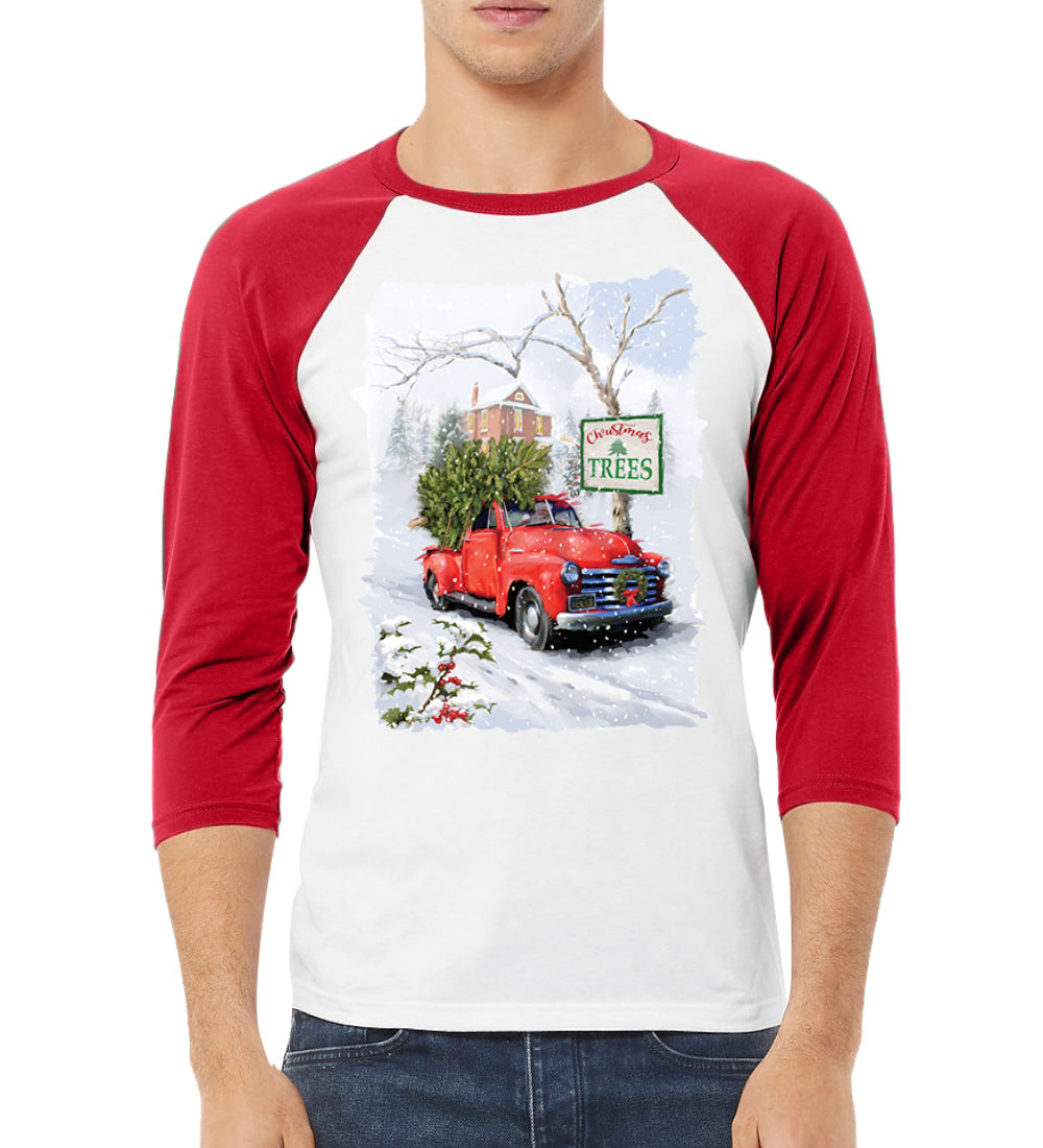 Winter Christmas Trees Festive Red Truck Christmas 3/4 Sleeve Raglan Unisex Baseball Tee