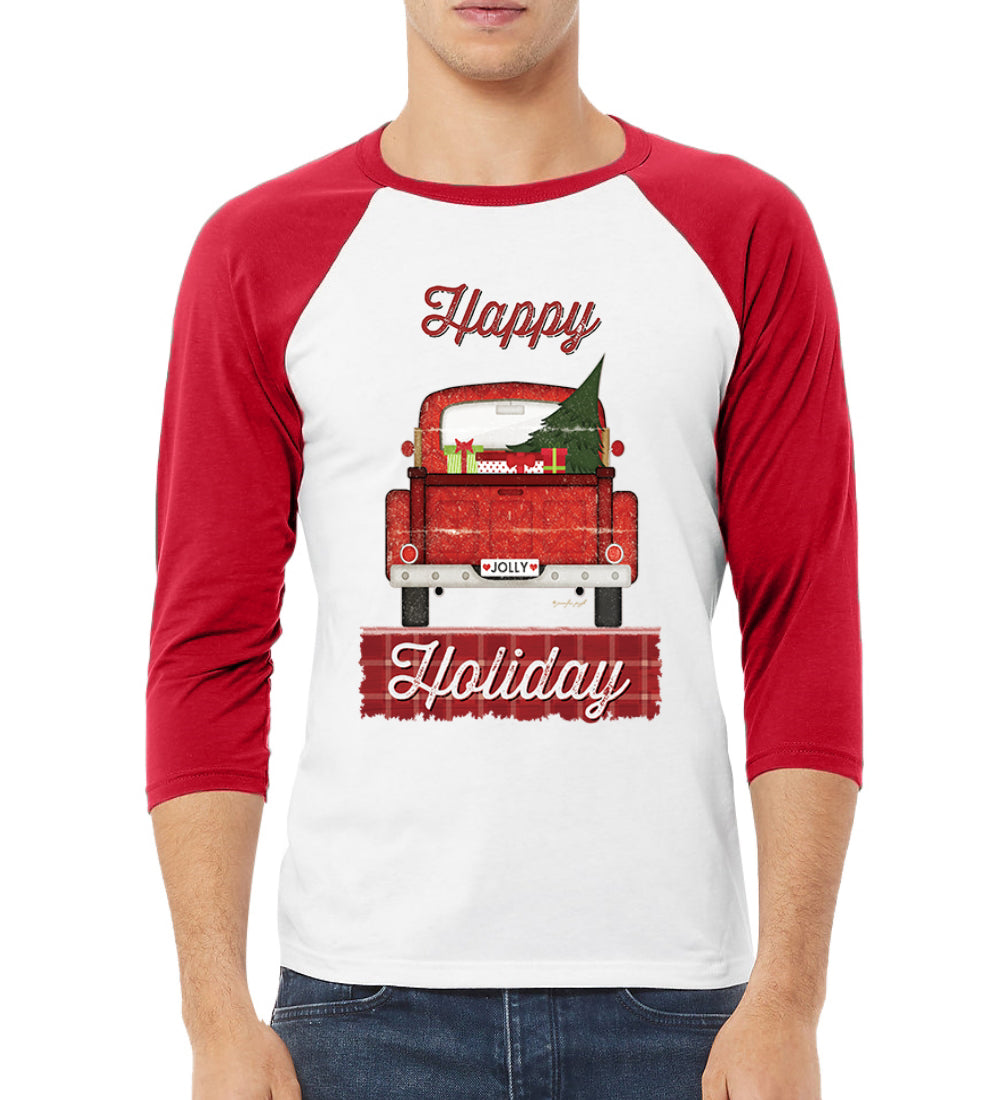 Happy Holiday Jolly Red Pick Up Christmas 3/4 Sleeve Raglan Unisex Baseball Tee