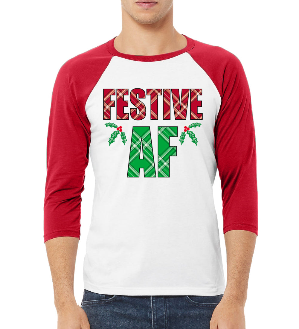 Festive AF Christmas 3/4 Sleeve Raglan Unisex Baseball Tee