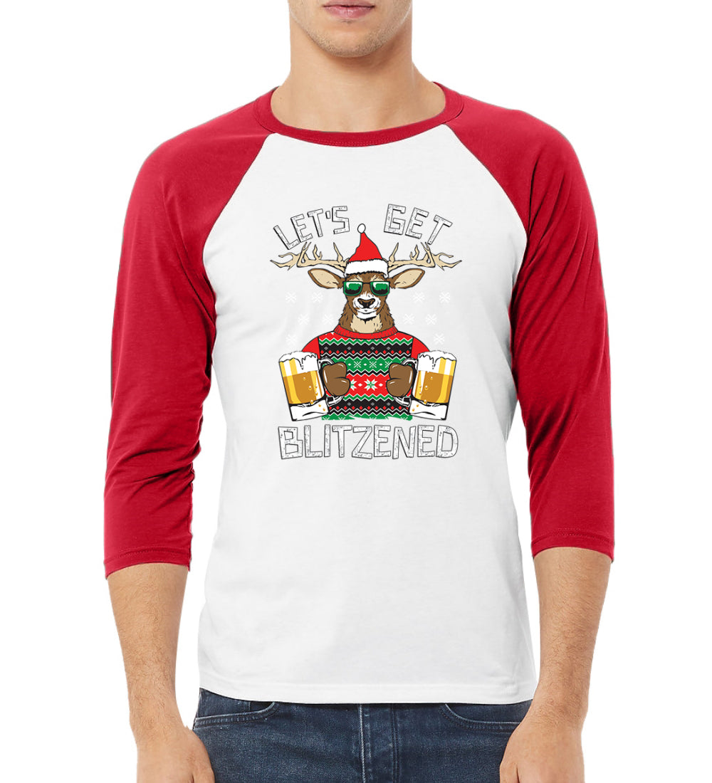 Lets Get Blitzened Deer With Beer Christmas 3/4 Sleeve Raglan Unisex Baseball Tee