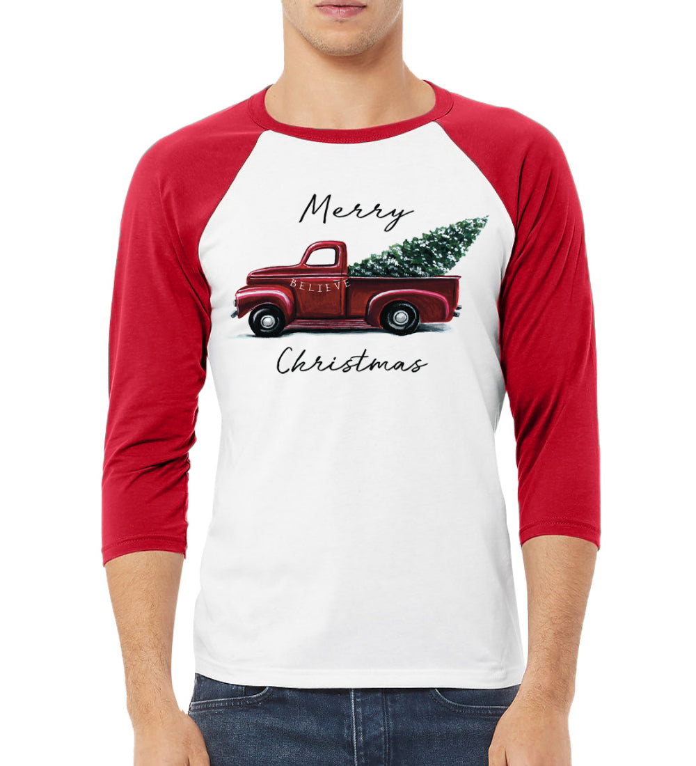 Merry Christmas Red Pick up Truck Christmas 3/4 Sleeve Raglan Unisex Baseball Tee