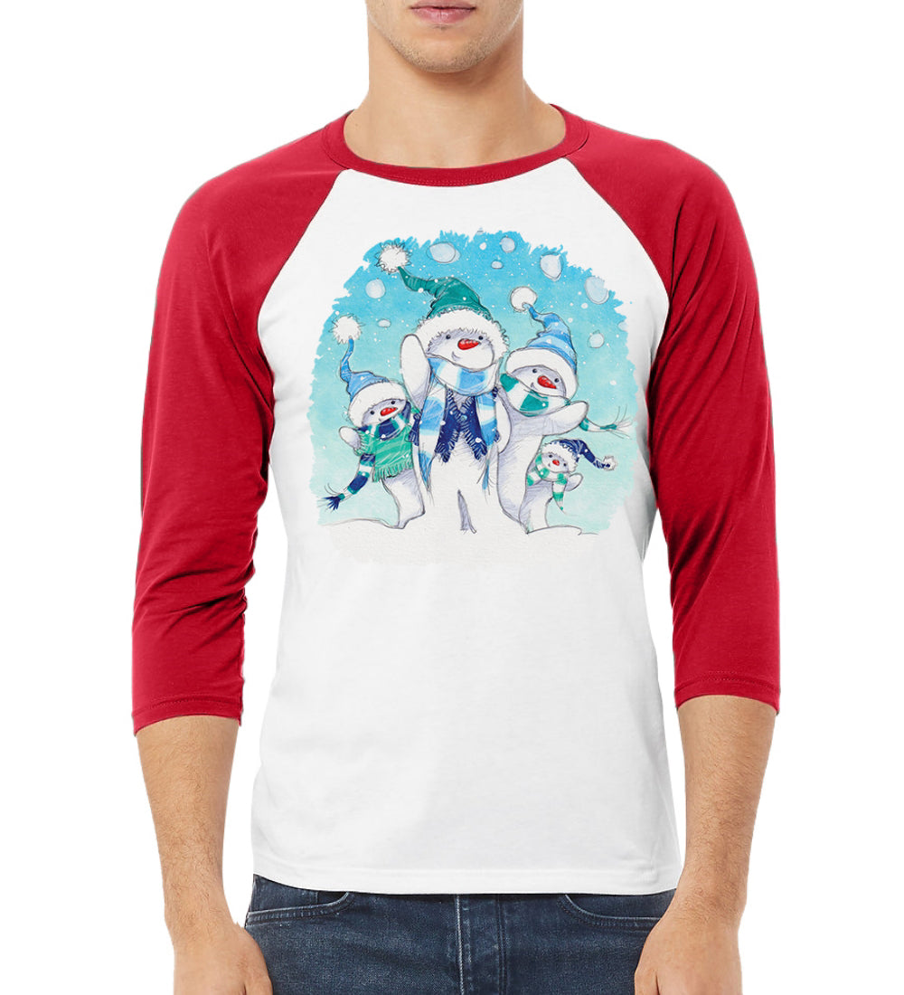 Snowman Family Xmas Christmas 3/4 Sleeve Raglan Unisex Baseball Tee