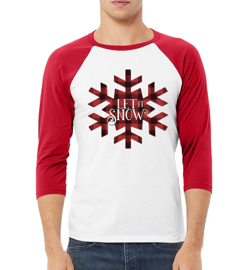 Let it Snow Snowflake Christmas 3/4 Sleeve Raglan Unisex Baseball Tee