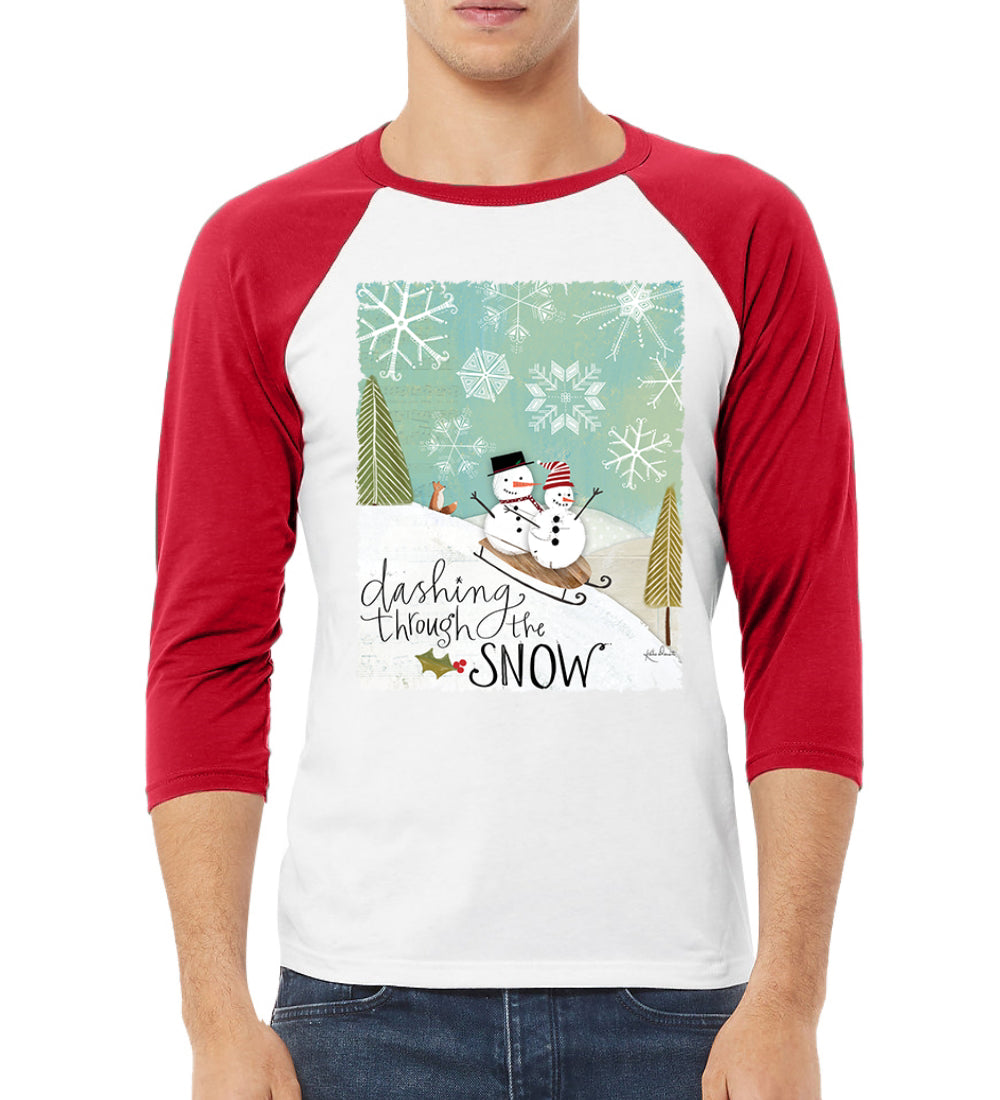 Dashing Through the Snow Snowmen Christmas 3/4 Sleeve Raglan Unisex Baseball Tee
