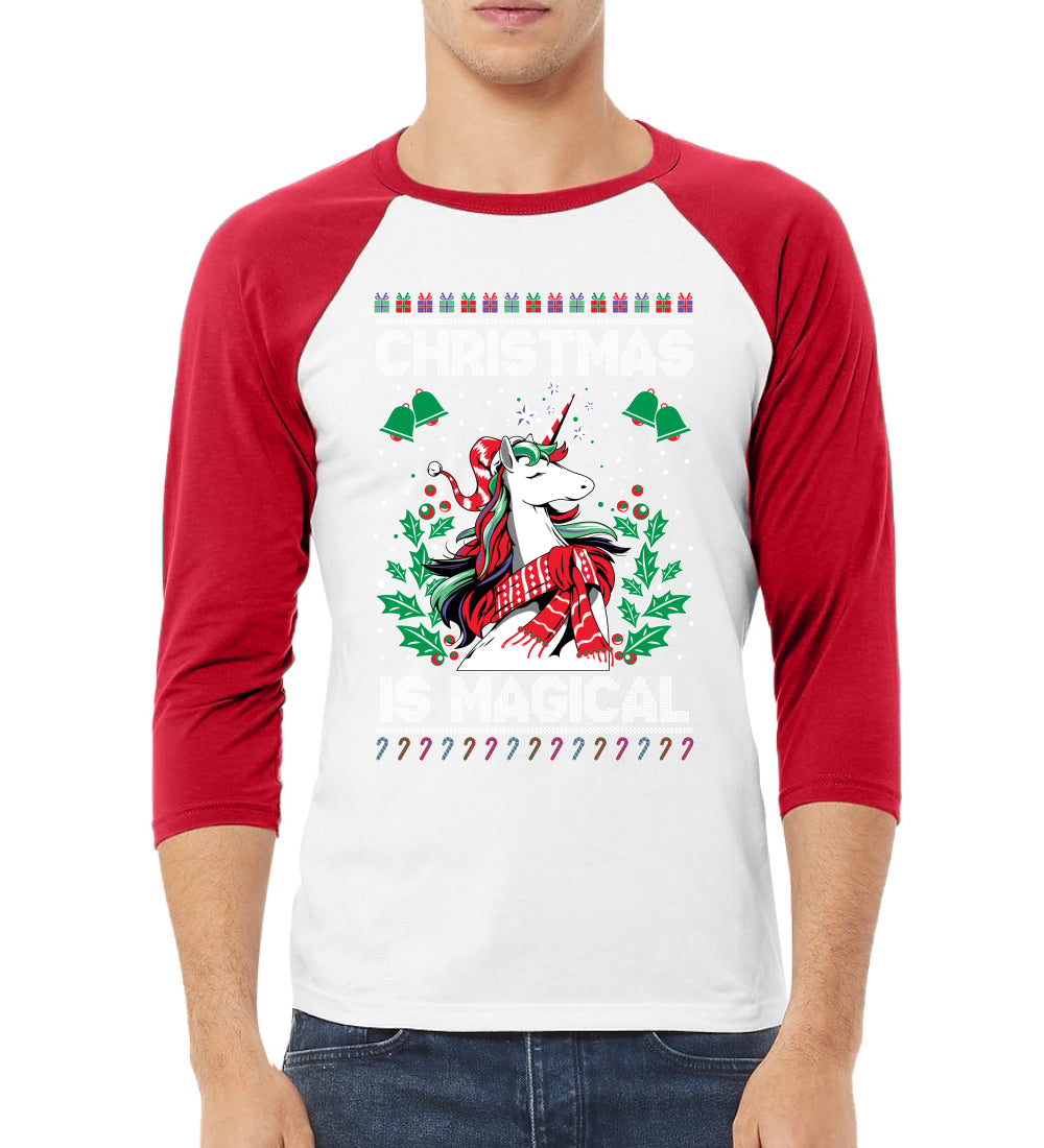 Christmas Is Magical Unicorn Christmas 3/4 Sleeve Raglan Unisex Baseball Tee