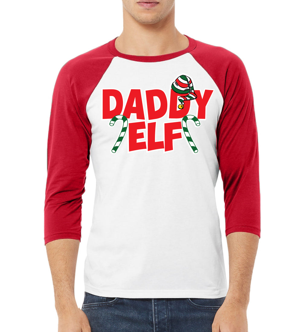 Daddy Elf Red Candy Cane Logo Christmas 3/4 Sleeve Raglan Unisex Baseball Tee