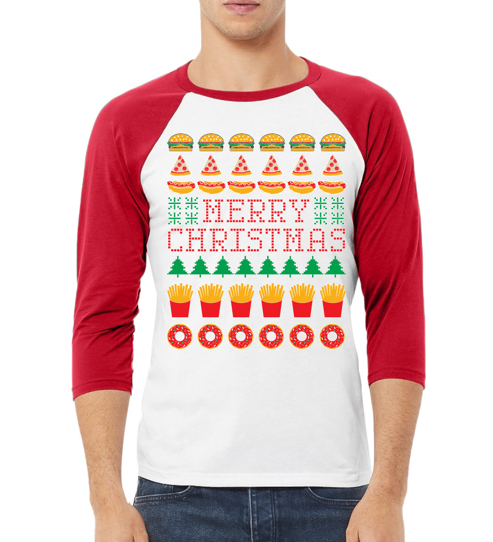 Merry Christmas Funny Junk Food Desert Foods Pizza Burger French Fries Christmas 3/4 Sleeve Raglan Unisex Baseball Tee