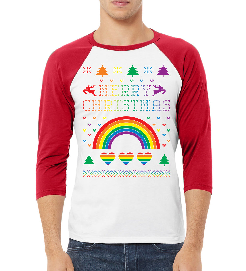 LGBT Rainbow Pride Hearts Reindeer Xmas Christmas 3/4 Sleeve Raglan Unisex Baseball Tee