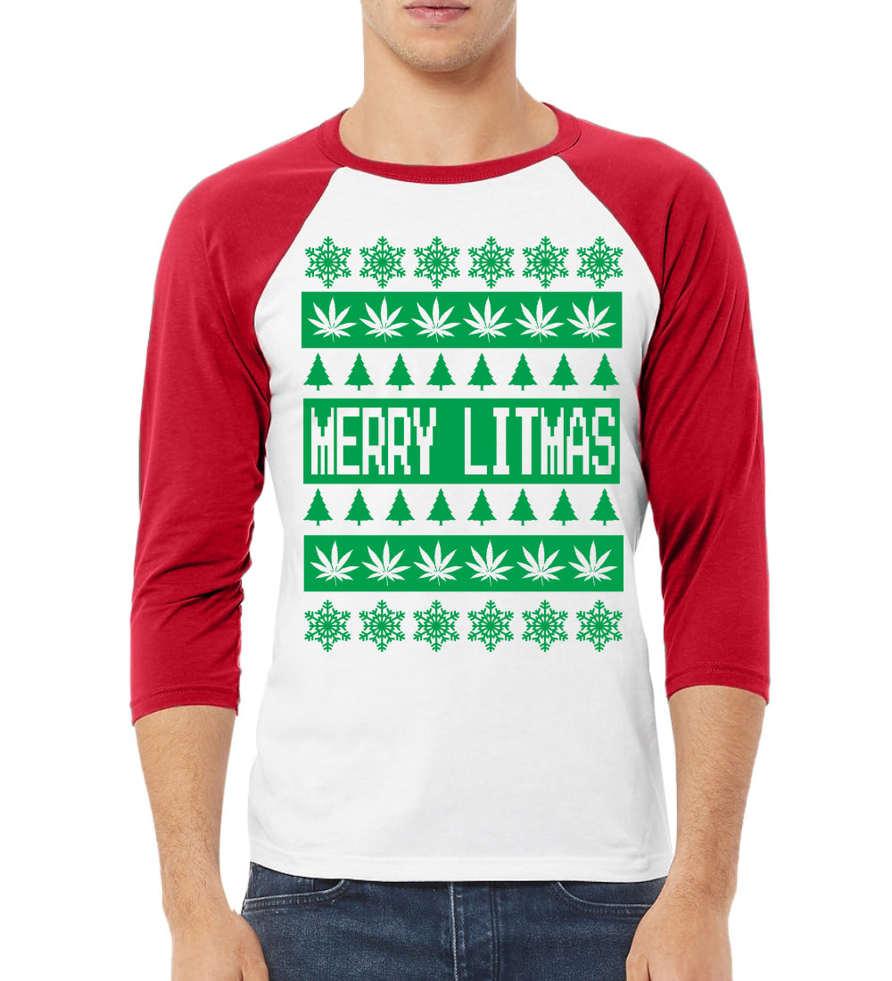 Merry Litmas Funny Weed Pot Leaf Marijuana Xmas Christmas 3/4 Sleeve Raglan Unisex Baseball Tee